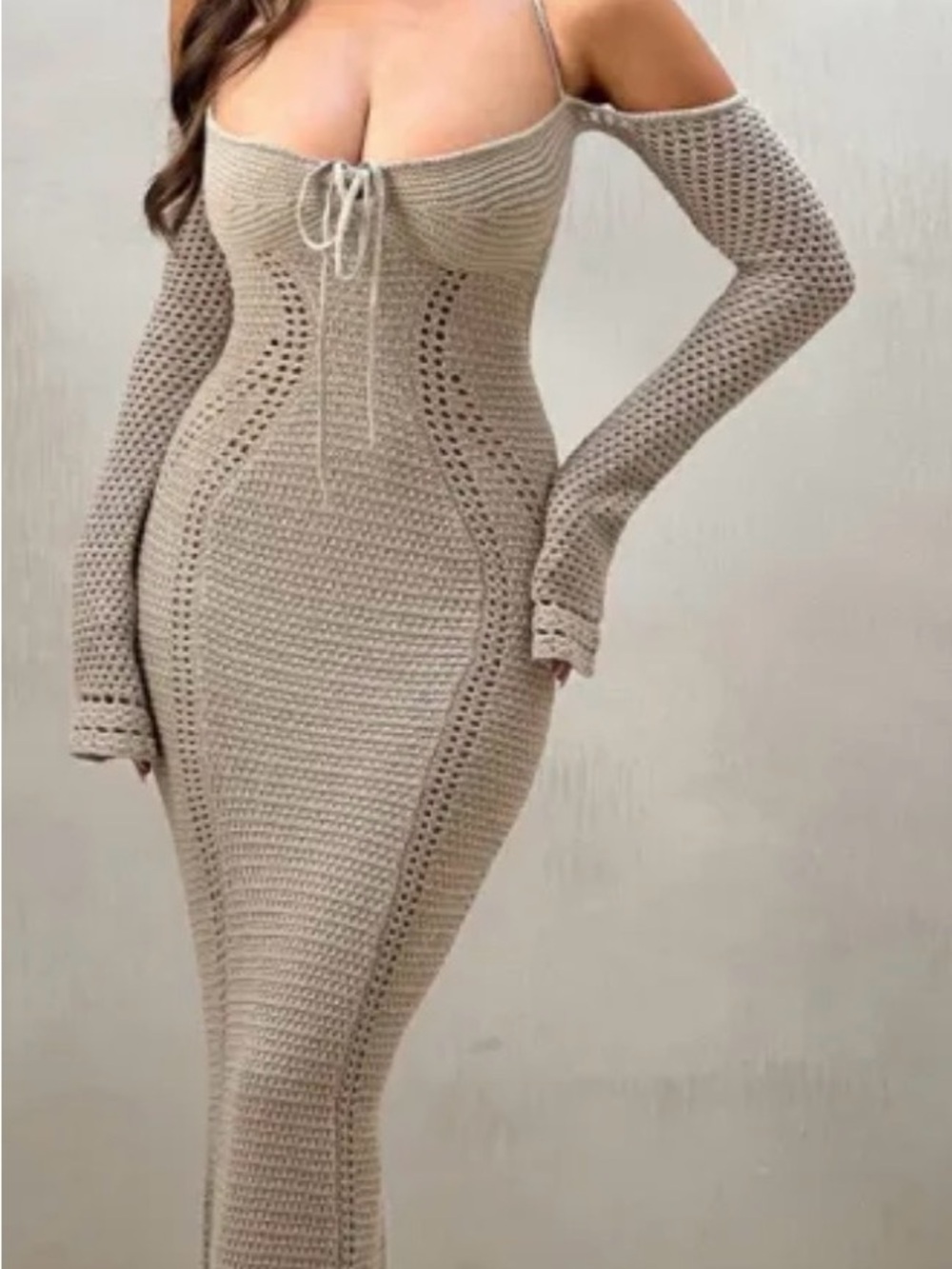Off-Shoulder Taupe Crochet Maxi Dress with Tie Front